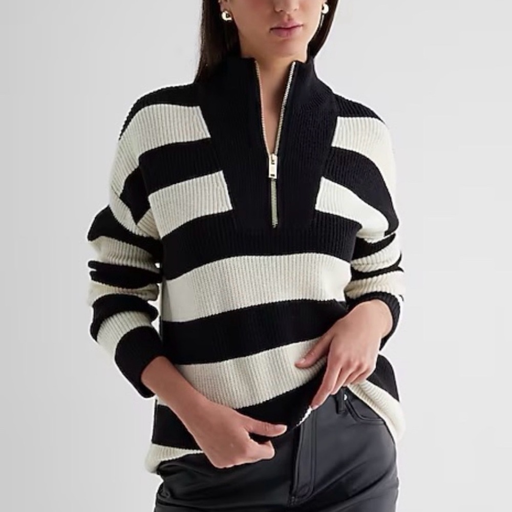 Express Striped Quarter Gold Zip Tunic Sweater.